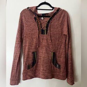 Mexican Baja Drug Rug Patchwork Beach Hoodie Pull Over Mauve Pink Sweatshirt